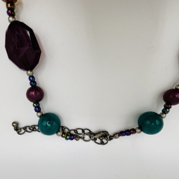 Chunky Necklace Purple Teal Plum Beaded Statement Necklace 18” - Picture 4 of 4